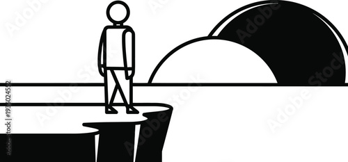 A lone figure stands contemplatively on a cliff edge at sunrise, wqe landscape view