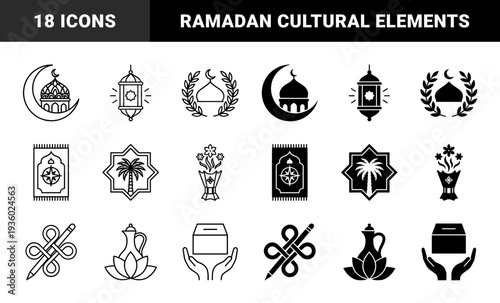 Islamic Cultural Symbols Merged with Traditional Elements Featuring Mosque Moon Hybrids Ramadan Lanterns Prayer Rugs and Floral Incense Burners