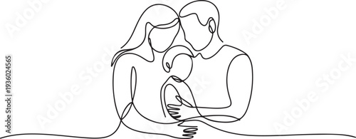 Happy family continuous one line drawing. Parents with their kid in simple linear style. one line Icon drawing