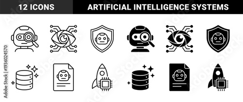Artificial Intelligence Hybrid Interface Elements Featuring Robotic Heads Merged With Magnifying Glass Shield Document And Industrial Rocket Symbols
