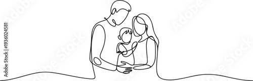 Happy family continuous one line drawing. Parents with their kid in simple linear style. one line Icon drawing