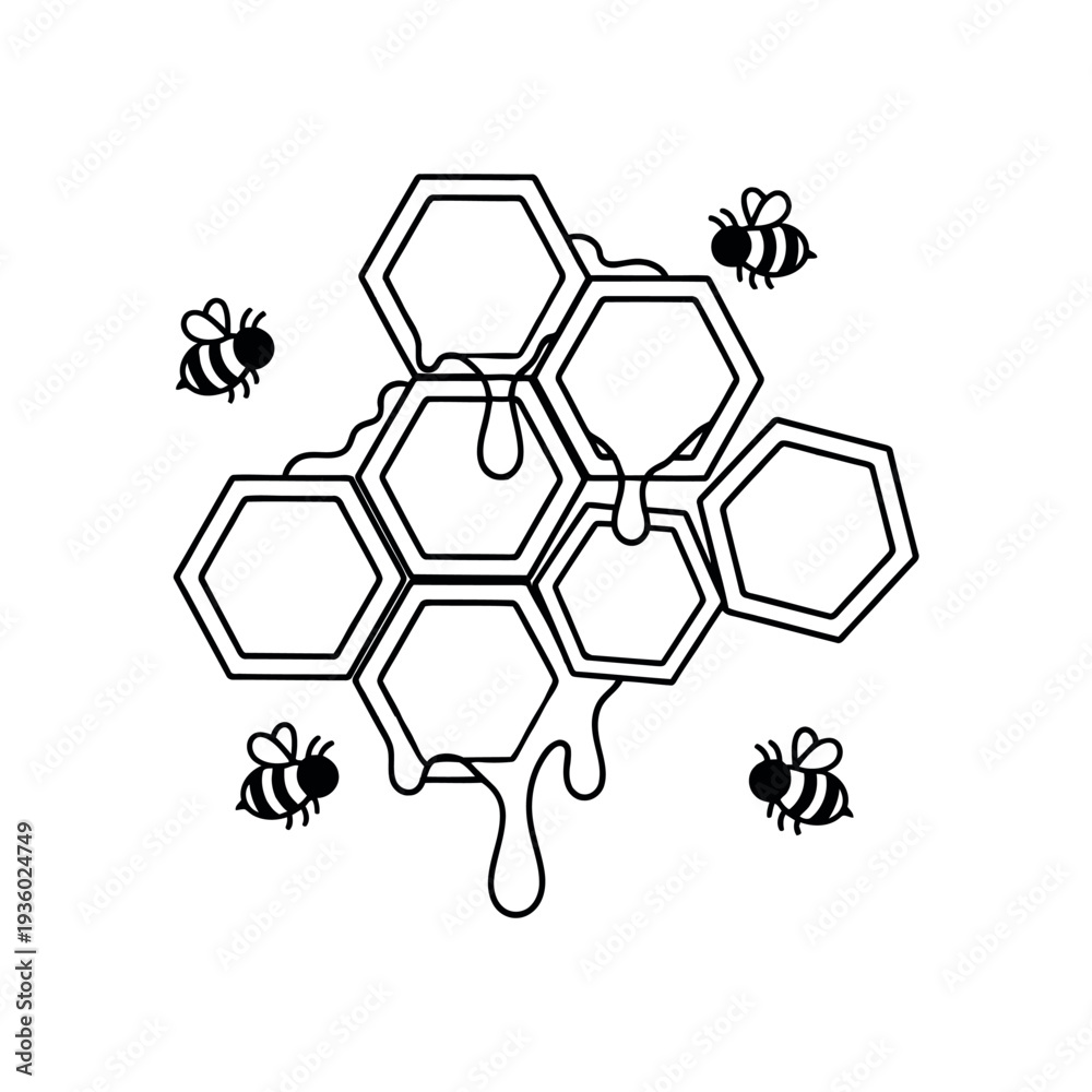 Fototapeta premium Honeycomb and Bees Outline Drawing Isolated on White Background