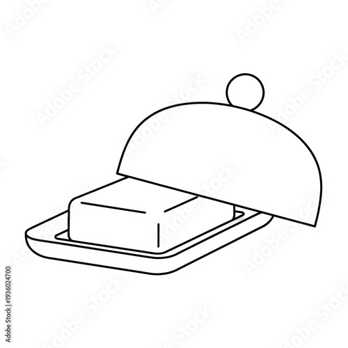 Outline Butter Dish with Open Lid and Butter Block, Angled View