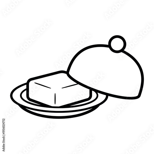 Outline Butter Block in Dish with Lid Partially Off, Black and White Drawing