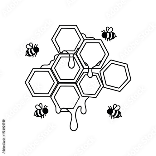 Honeycomb and Bees Outline Drawing Isolated on White Background