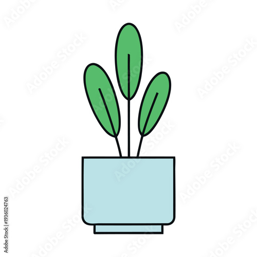Simple Illustration of a Green Houseplant with Oval Leaves in a Light Blue Rectangular Pot