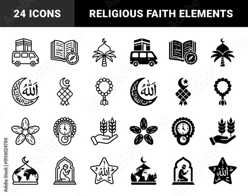 Islamic religious symbols featuring hybrid designs with mecca transport quran compass mosque globe and prayer beads in line and solid styles