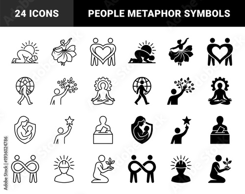 Human condition and conceptual hybrid symbols featuring people merged with sun rays stars gears and organic growth elements in outline and solid styles