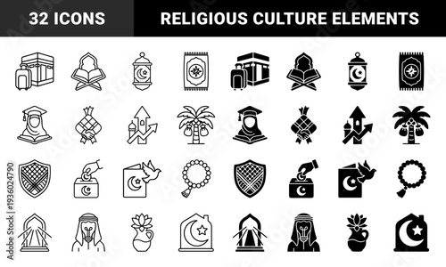 Islamic culture and religious symbols featuring unique hybrid conceptual designs with linear and solid versions for pilgrimage and traditional observation