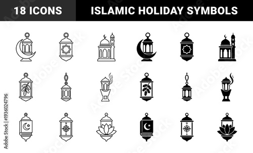 Islamic Ramadan lantern hybrid icons featuring mosque architecture crescent moon dates fruit holy quran book and compass symbols for religious holidays