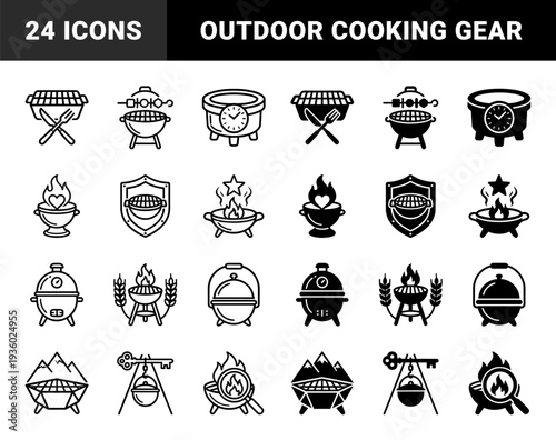 Outdoor barbecue grill and fire pit symbols featuring hybrid conceptual designs merging cooking equipment with shields mountains stars and clock elements