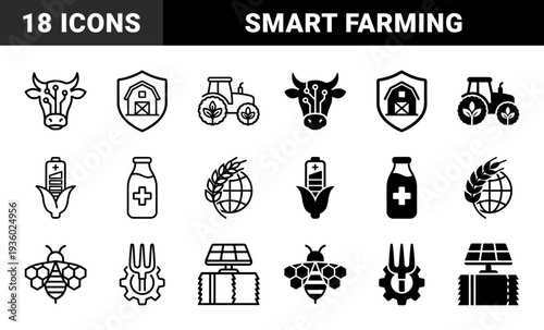 Smart farming hybrid symbols merging agriculture with technology featuring electronic circuit cattle barn protection and renewable energy battery corn