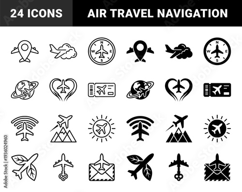 Hybrid aviation travel and transportation symbols merging airplanes with compasses globes envelopes mountains and natural leaf elements in outline and solid styles