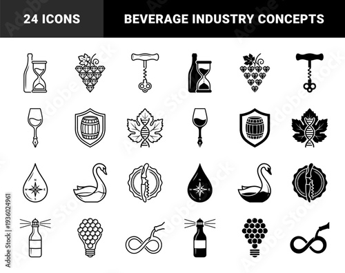 Collection of hybrid wine industry symbols merging beverage elements with hourglass timepieces diamond grapes corkscrew keys and lighthouse bottles