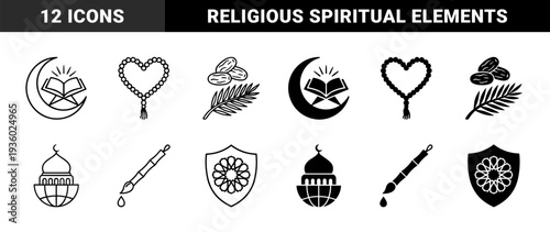 Islamic spiritual symbols featuring hybrid motifs combining quran with crescent moon prayer beads heart palm branch dates mosque globe and calligraphy brush