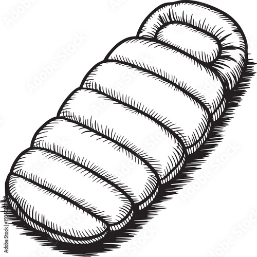 A black and white sketch of a sleeping bag rolled up on a white background with hatching details