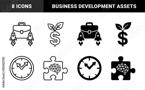 Abstract business and growth hybrid icons merging rocket briefcase dollar sign plant and brain puzzle pieces in solid and outline styles