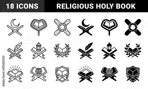 Islamic Holy Quran Book Symbols Featuring Hybrid Religious Motifs with Moon Stars Lanterns and Shield Emblems in Minimalist Line and Solid Style