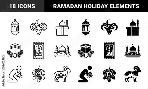 Islamic religious symbols and cultural items featuring hybrid double exposure silhouettes and geometric line art for ramadan and eid celebrations