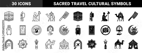 Islamic Hajj and Eid al Adha pilgrimage icons featuring hybrid designs merging religious symbols with livestock and travel elements in linear and solid styles
