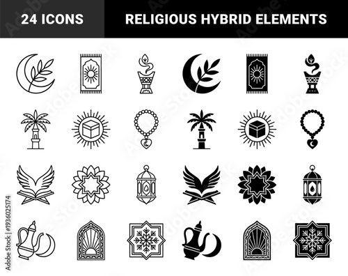 Islamic spiritual hybrid symbols merging crescent moon with wheat and kaaba with sun rays in linear and solid dual style for religious design