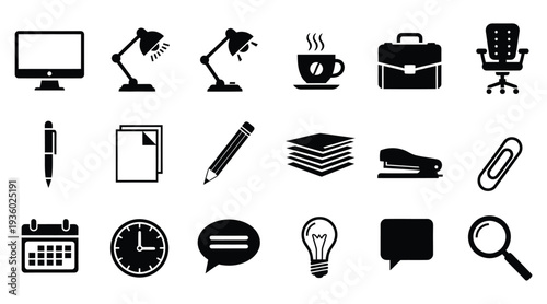 Office Stationery and Workplace Productivity Glyph Icon Set
