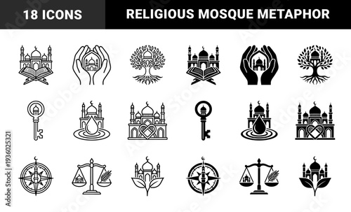 Islamic symbolic hybrid collection merging mosque silhouettes with metaphors of growth knowledge guidance and protection in solid and line styles