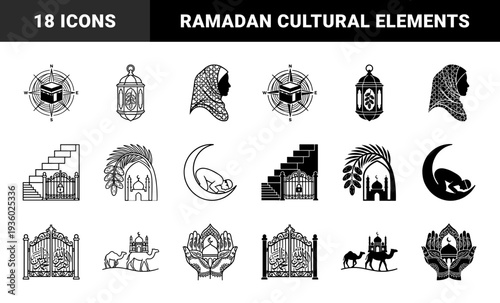 Islamic spiritual symbols and cultural hybrid elements featuring kaaba compass lantern dates palm tree architecture and praying silhouette silhouettes