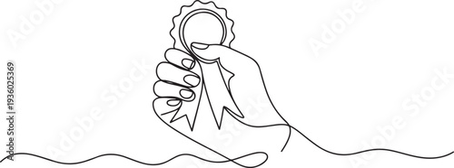 Hand with Winning badge in one continuous line drawing. Single line drawing illustration of Award winning ribbon with hand. Symbol of a winner concept. one line Icon drawing
