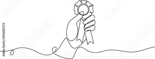 Hand with Winning badge in one continuous line drawing. Single line drawing illustration of Award winning ribbon with hand. Symbol of a winner concept. one line Icon drawing