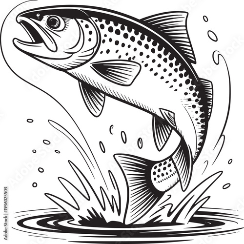 A detailed black and white illustration of a trout leaping out of the water with water droplets around it
