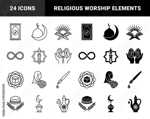 Islamic religious symbols featuring hybrid geometric designs with prayer rugs crescent mosques quran books prayer beads and kaaba silhouettes in outline and solid styles