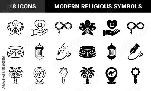 Hybrid Islamic symbols merging traditional religious motifs with modern technology concepts featuring battery lanterns gear palms and circuit board kufi caps