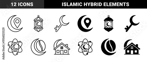 Islamic crescent moon hybrid icons featuring symbolic combinations with coffee bean lantern house atom key and location pin in outline and solid styles
