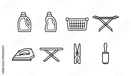 Collection of laundry and ironing icons, clean and modern line art style