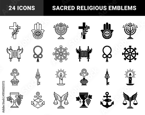 Sacred spiritual hybrid symbols merging religious faith and mystical elements in dual outline and solid minimalist geometric styles for ceremonial design