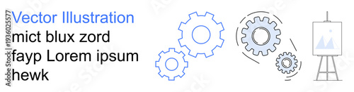 Industry innovation, engineering design, manufacturing, mechanical systems, business strategy, technical planning. Gears with arrows and a frame. Industry innovation and engineering design concept