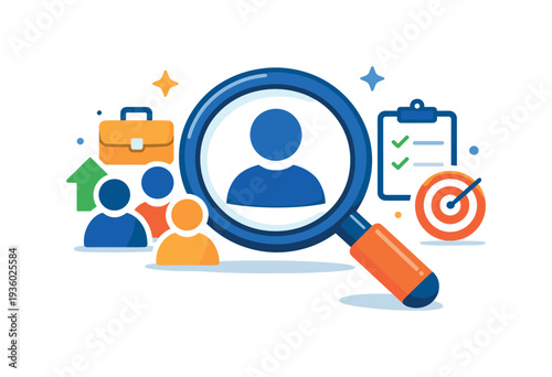 Illustration of recruitment process with magnifying glass and diverse figures