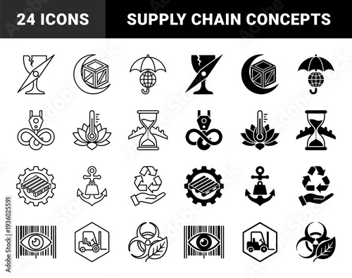 Hybrid logistics and shipping icons combining industrial symbols like cargo pallets with gears anchors with weights and globe umbrellas for protection