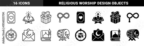 Monochrome religious symbols combining spiritual elements like prayer rugs with hearts and koran pages with candles in outline and solid styles