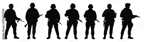 Group of soldiers standing in formation depicted. silhouette vector on white background.