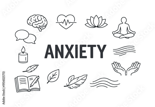 Anxiety and mental health icons representing stress relief and calm