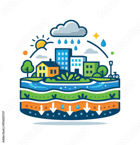 Illustration of the water cycle in an urban environment with layers of earth and water