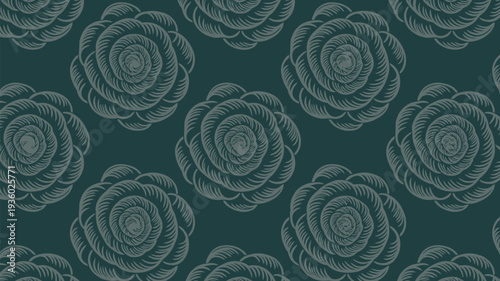 Elegant floral pattern with gray roses on dark green background