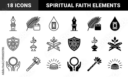 Islamic spiritual hybrid icons featuring minaret pen nib prayer rug water drop and rosary hands in outline and solid geometric style