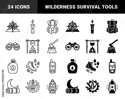 Outdoor camping equipment and survival gear featuring hybrid dual style line and solid glyphs including backpack compass and mountain guide navigation