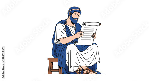 An ancient Greek philosopher wearing a blue toga and head covering sits on a wooden stool while intently reading a scroll.