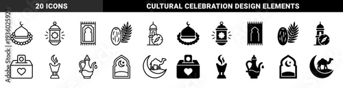 Islamic culture and ramadan religious symbols featuring hybrid mosque dome prayer beads crescent moon camel and traditional lantern designs in dual stroke and solid styles