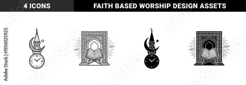 Islamic spiritual symbols merging religious architecture and clock faces with sacred scripture books and communal hands within mosque gates