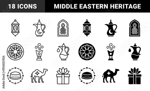 Cultural Middle Eastern heritage symbols featuring minimalist lantern date fruit coffee pot censer and camel with geometric hybrid line and solid aesthetic